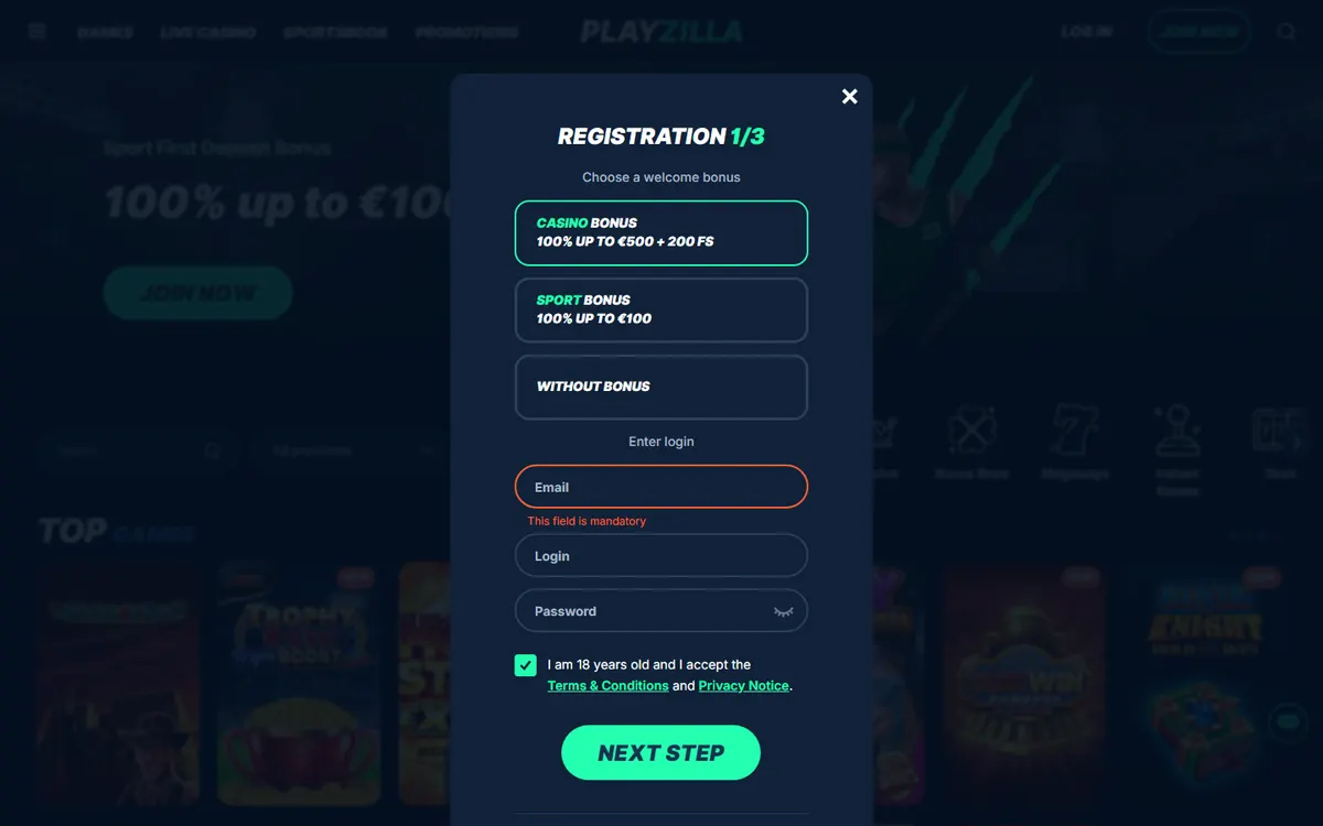 Schermata del sito PlayZilla